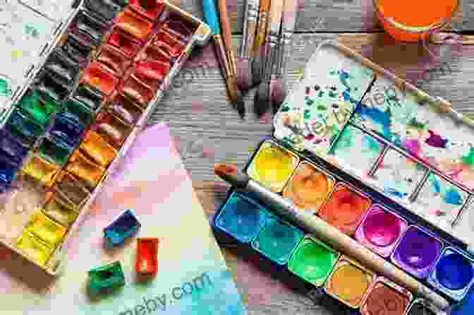 An Array Of Watercolor Materials, Including Brushes, Paints, And Paper, Neatly Arranged On A Table. WATERCOLOR PAINTING SIMPLIFIED: A Complete And Practical Step By Step Guide On Watercolor Painting